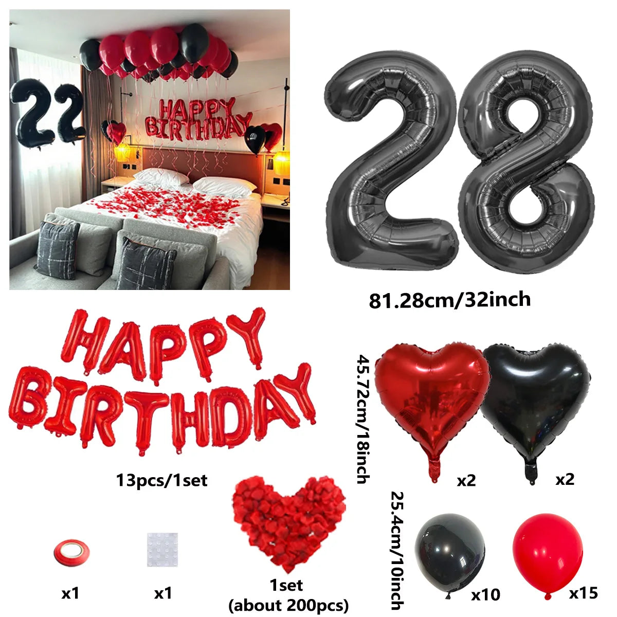 A set of red and black birthday balloons including a 28-inch number balloon, heart balloons, and solid colored balloons.