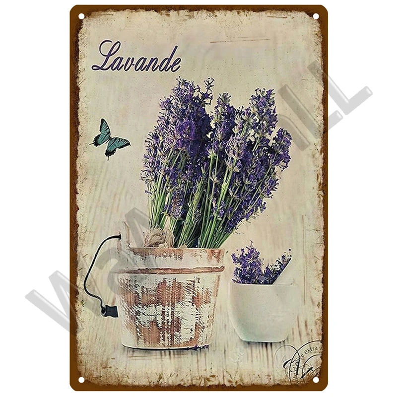 A rustic metal sign featuring lavender flowers and a butterfly, with the word Lavande written above.