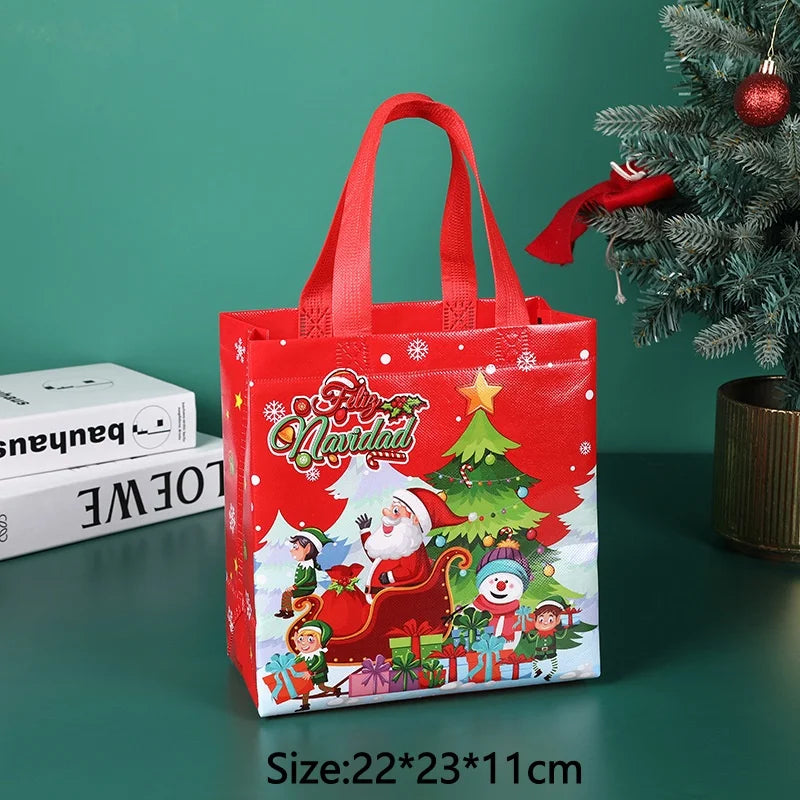 A red non-woven gift tote bag featuring a festive Christmas design with Santa and holiday characters.