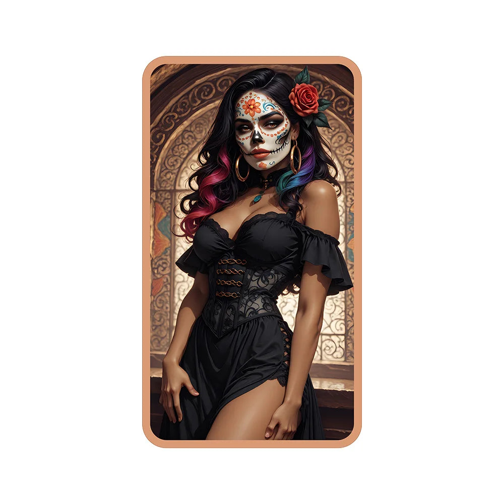 A woman with face paint and dark clothing poses in a portrait style against an ornate background.