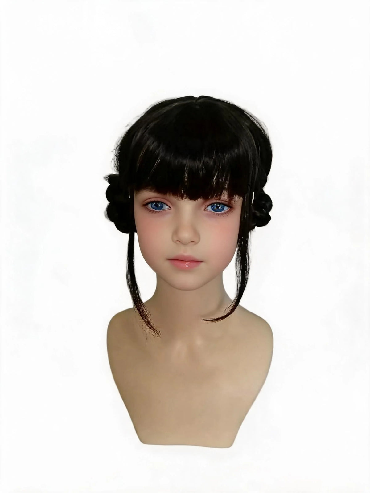 A black wig with long braids and a side ponytail displayed on a mannequin head.