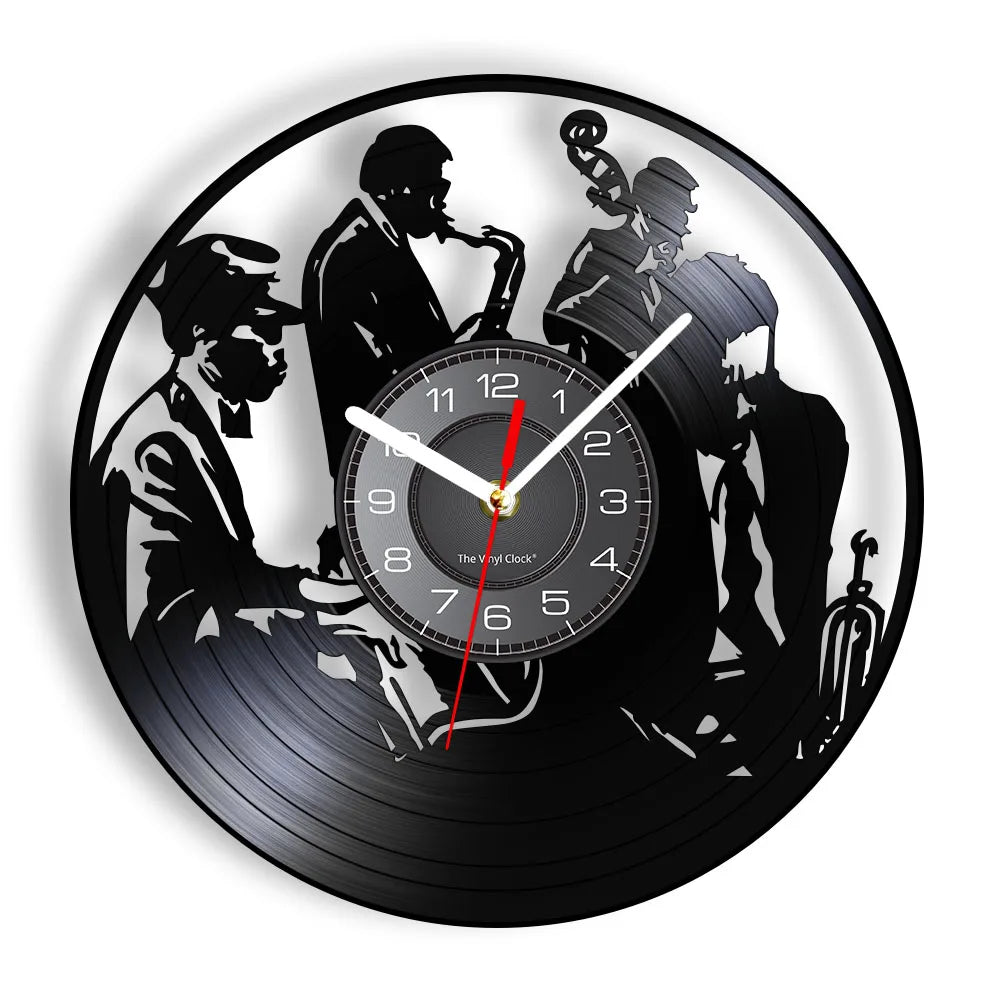 A black silhouette of musicians playing instruments is displayed on a vintage vinyl record wall clock.