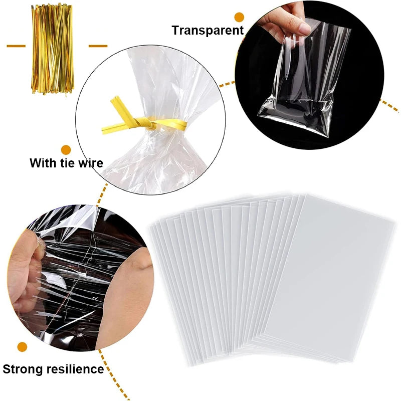 Clear cellophane treat bags with wire ties and strong resilience shown in various forms.