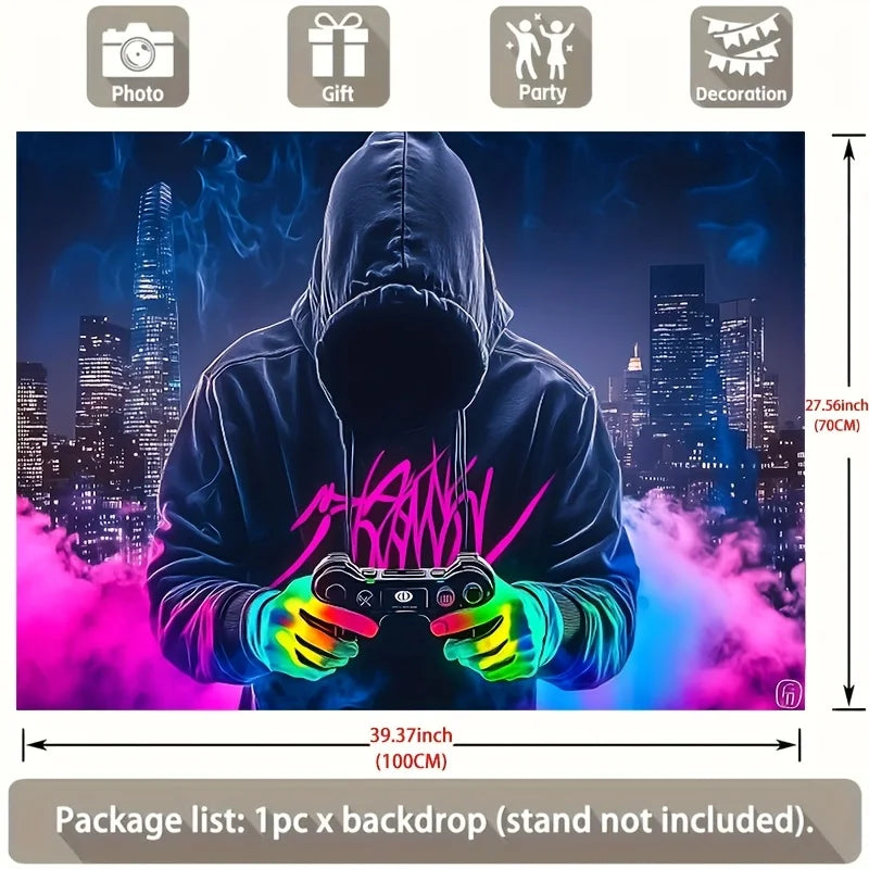 A person wearing a hoodie is holding a gaming controller in front of a cityscape backdrop with pink and purple lighting.