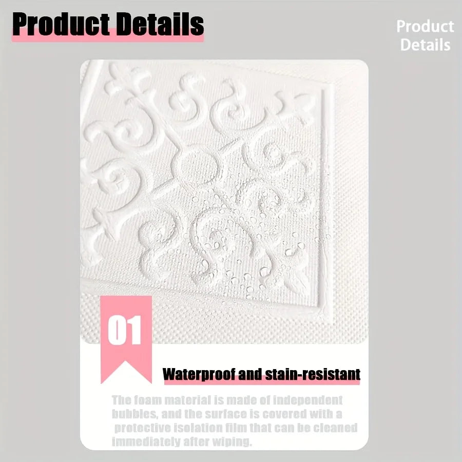 White self-adhesive wall panels featuring a 3D brick pattern with independent bubbles and a waterproof surface.