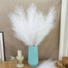 A tall vase filled with white artificial pampas grass used as boho home decor
