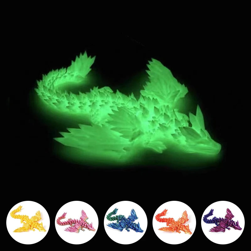 Five variations of a 3D printed magic dragon desktop ornament in different colors and finishes.