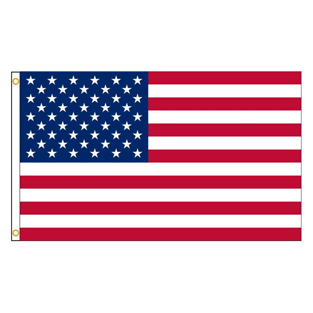 A rectangular flag of the United States of America with red and white stripes and blue stars on a white field.
