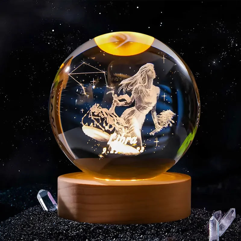 A clear crystal ball with a golden top showing a silhouette of a figure against a starry background.