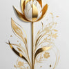 Arte de pared de metal dorado con una flor de tulipán blanca y hojas florales doradas circundantes