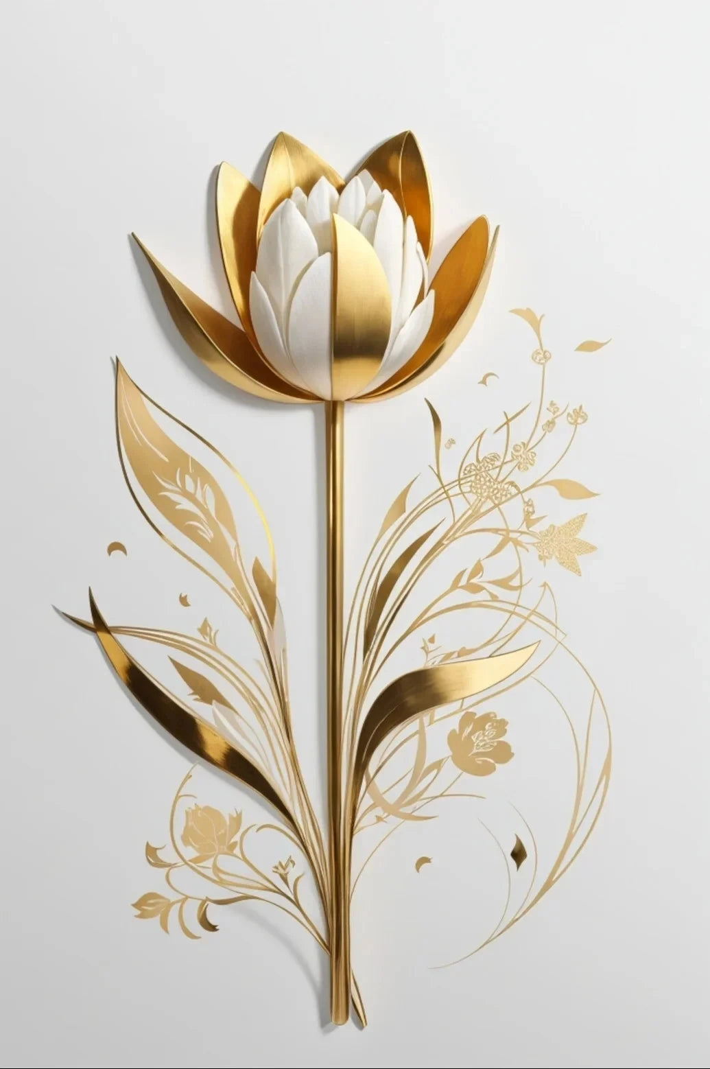 Arte de pared de metal dorado con una flor de tulipán blanca y hojas florales doradas circundantes