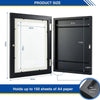 Black magnetic front opening art display frames showing dimensions and capacity for A4 paper sheets