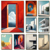 A collage of abstract minimalist architecture paintings featuring geometric forms, stairs, and colorful facades.