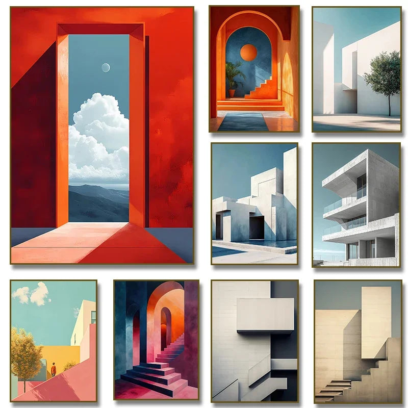 A collage of abstract minimalist architecture paintings featuring geometric forms, stairs, and colorful facades.