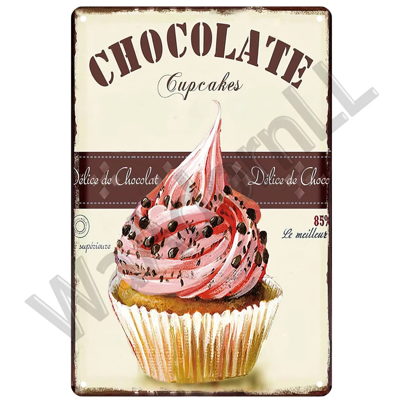 A vintage-style plaque featuring a cupcake illustration with pink frosting and chocolate sprinkles.