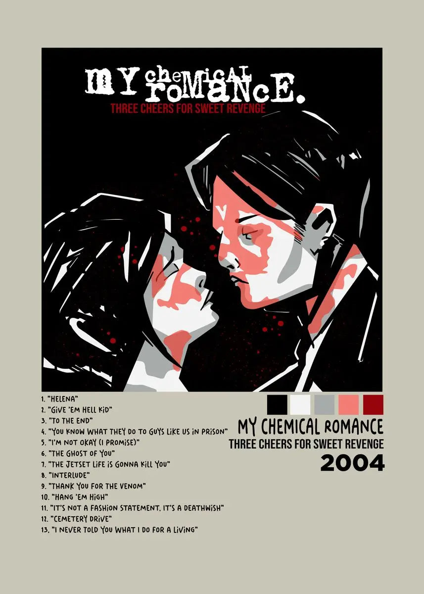 My Chemical Romance canvas wall art featuring a portrait of a female musician with red accents.