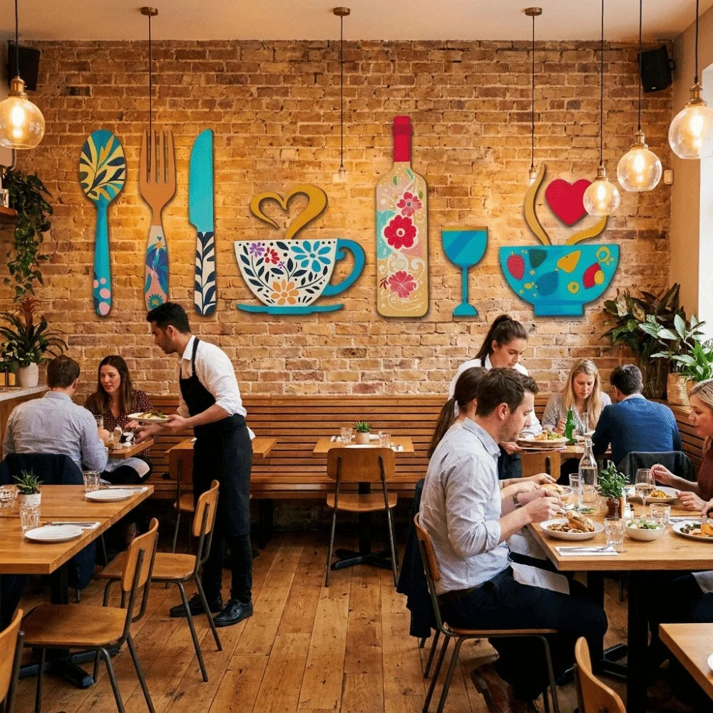 A rustic kitchen decor set featuring wooden and floral elements displayed on a brick wall with dining tables.