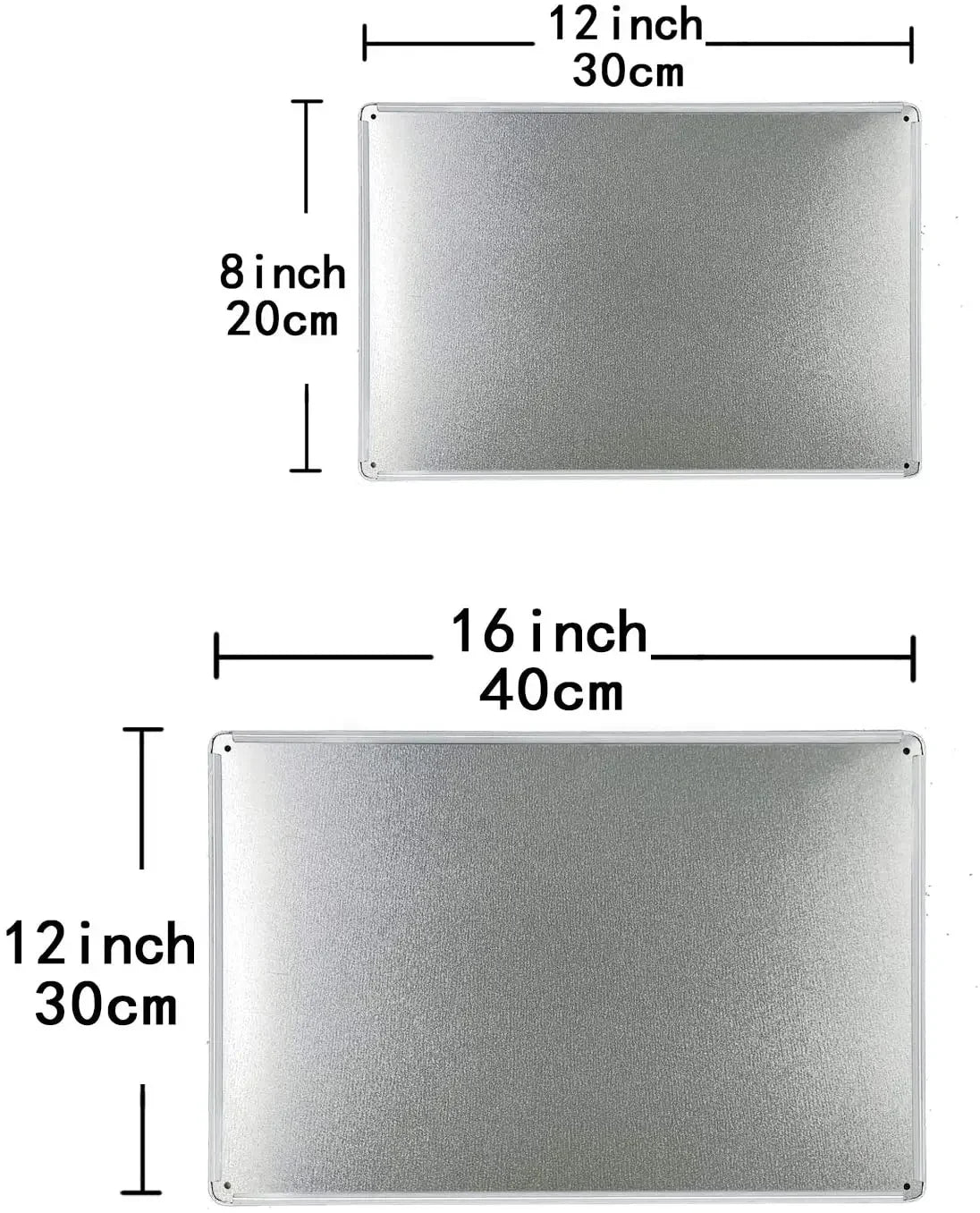 Two rectangular aluminum signs, one 8x12 inches and one 12x16 inches, with dimensions provided in inches and centimeters.