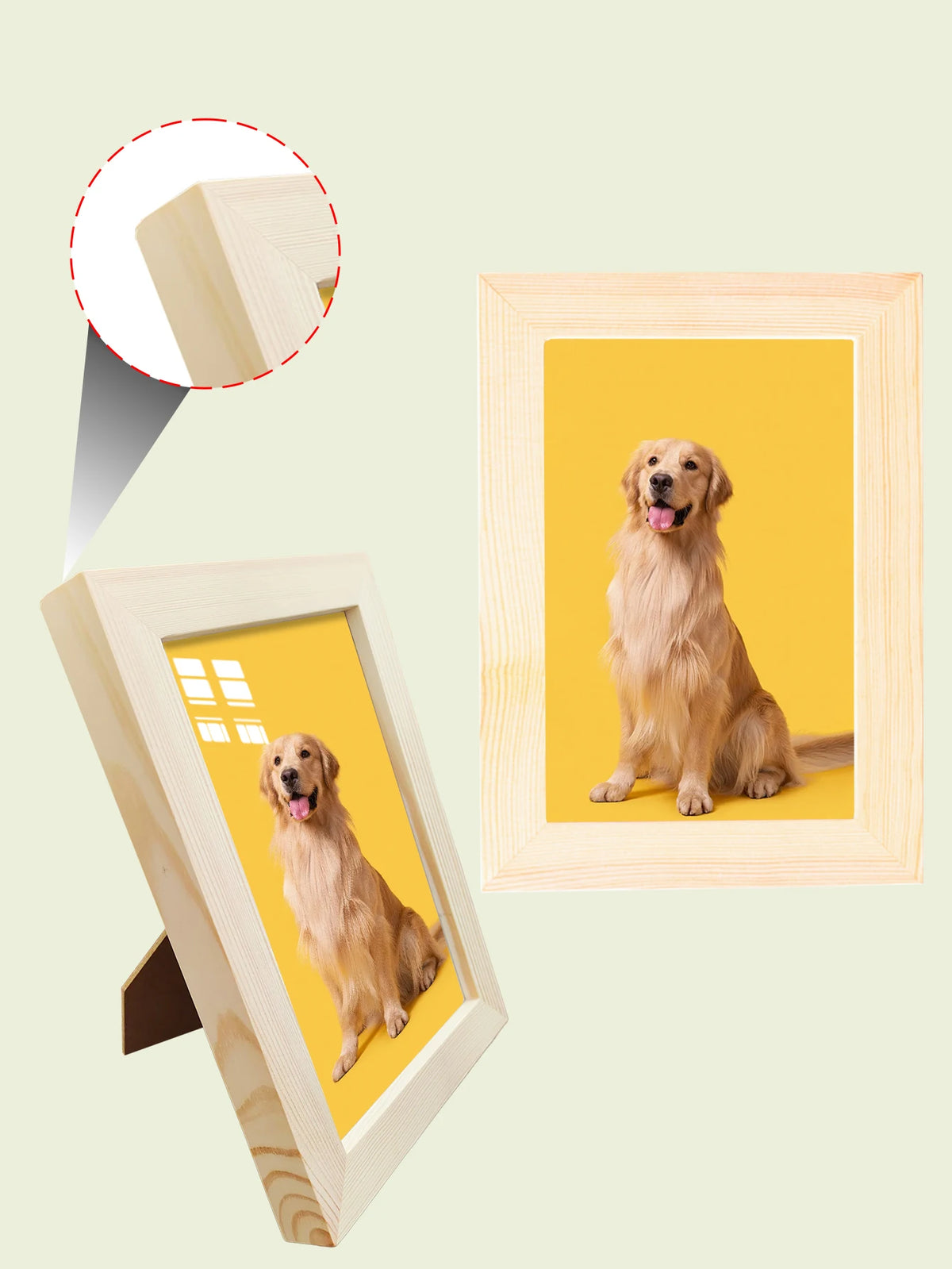 A wooden photo frame displaying a portrait of a golden retriever dog.