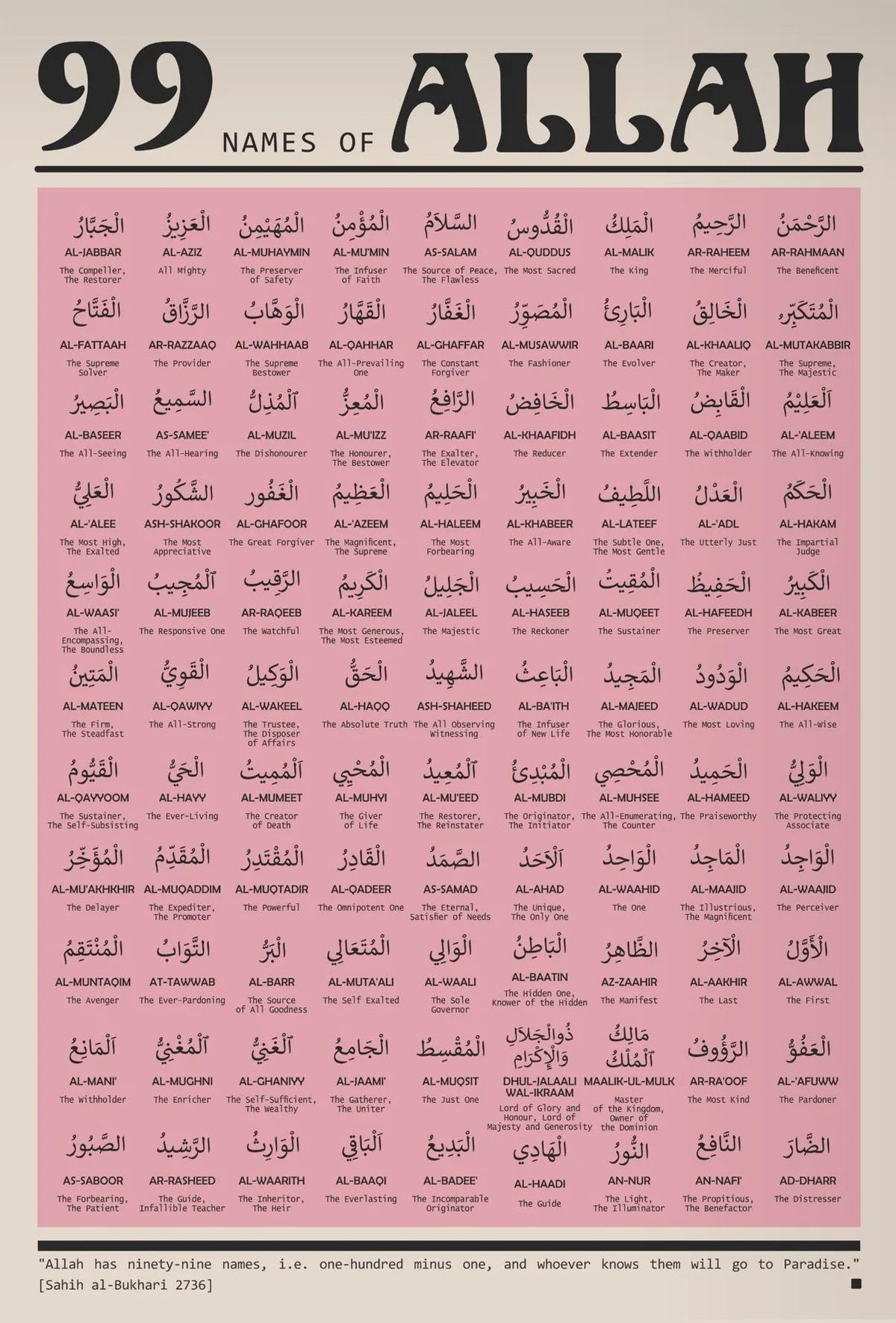 A canvas print featuring 99 names of Allah in retro Bauhaus Islamic calligraphy style