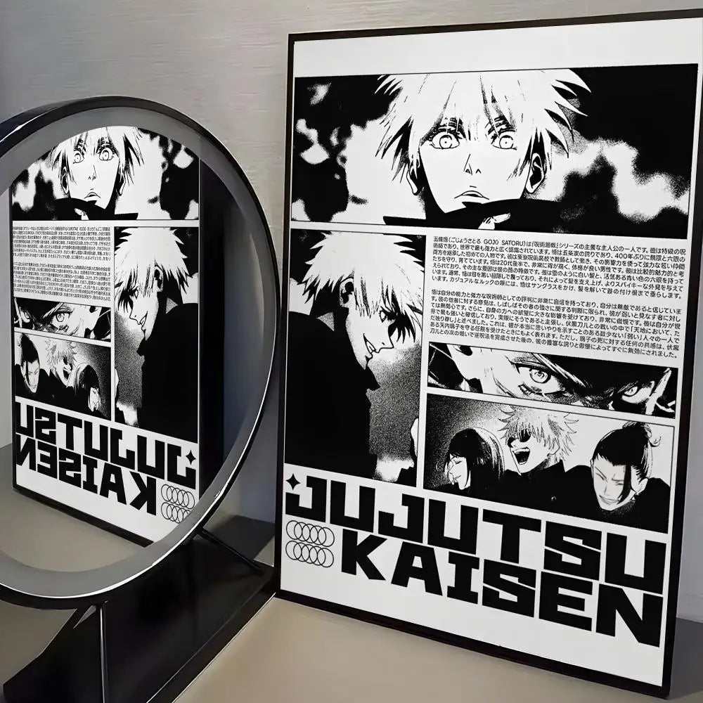 A framed poster of Jujutsu Kaisen anime characters featuring intense facial expressions and dark shadows.