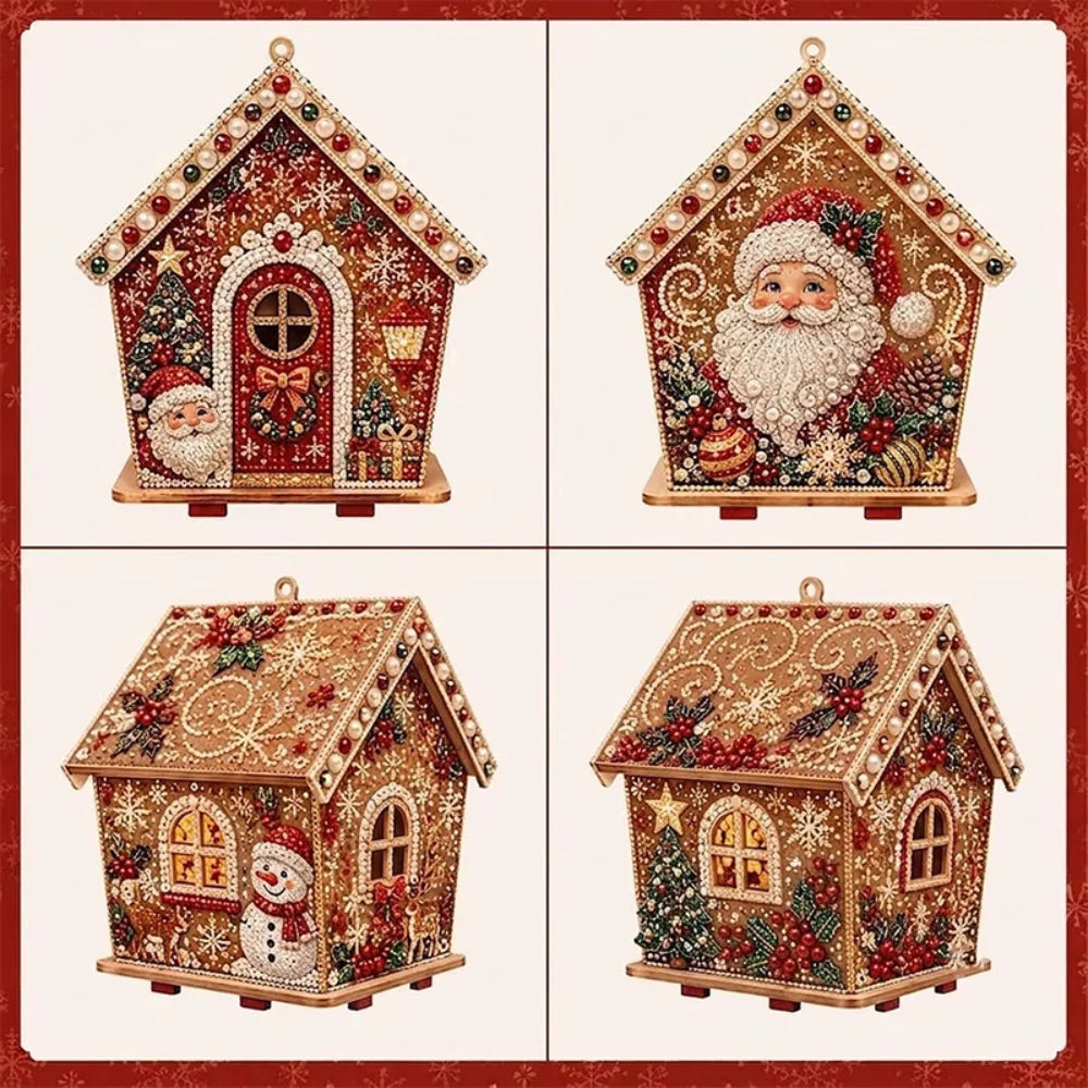 A set of three 3D diamond painting Christmas cabin crafts featuring festive holiday scenes and rustic wooden structures.
