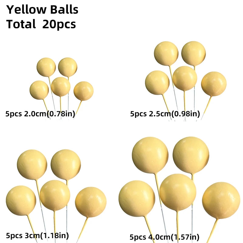 Yellow balls cake toppers available in 20 pieces, with options for 2.0cm or 2.5cm diameter.