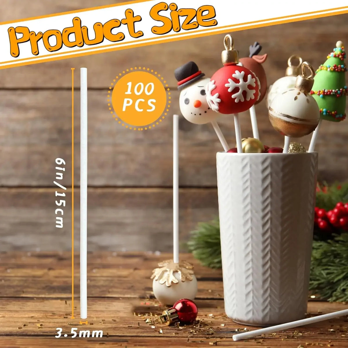 A white paper lollipop stick is shown next to a white container filled with decorative cake pops and candies.