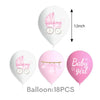 A set of 18 pink and white aluminum foil baby bottle balloons for baby shower decor