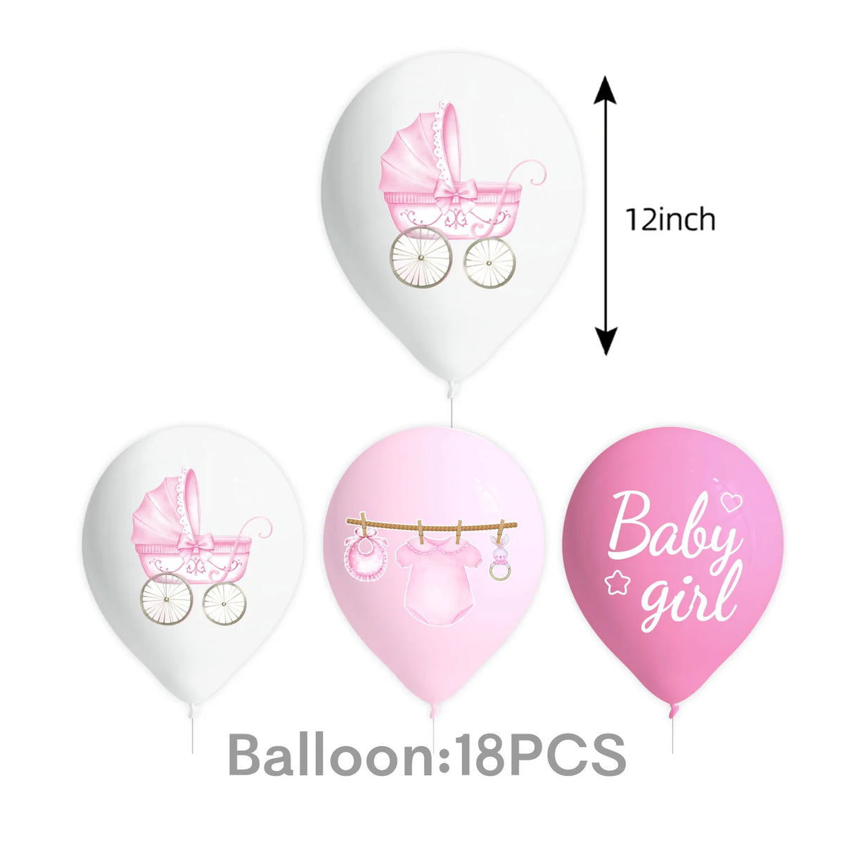 A set of 18 pink and white aluminum foil baby bottle balloons for baby shower decor
