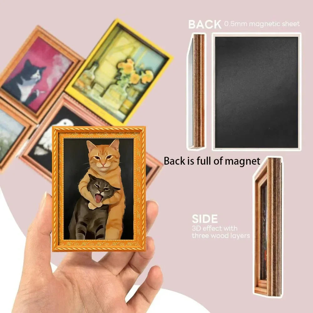 A vintage cat hug framed picture with a magnetic backing is shown being held, alongside its back and side views.