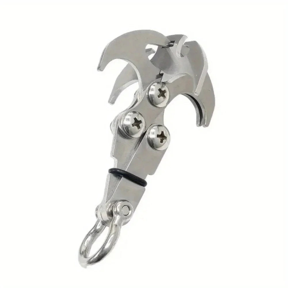 A heavy duty stainless steel gravity hook multi-tool with a hinged claw and a loop.