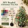A DIY beaded Christmas tree kit showing various beads, ornaments, and assembly materials for creating a holiday display.