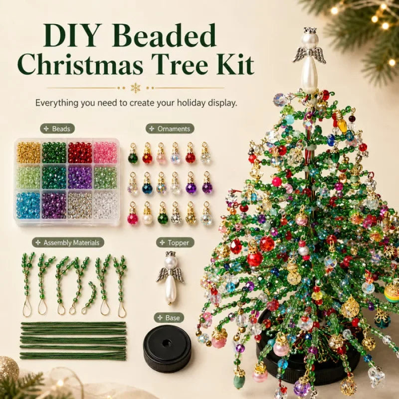 A DIY beaded Christmas tree kit showing various beads, ornaments, and assembly materials for creating a holiday display.