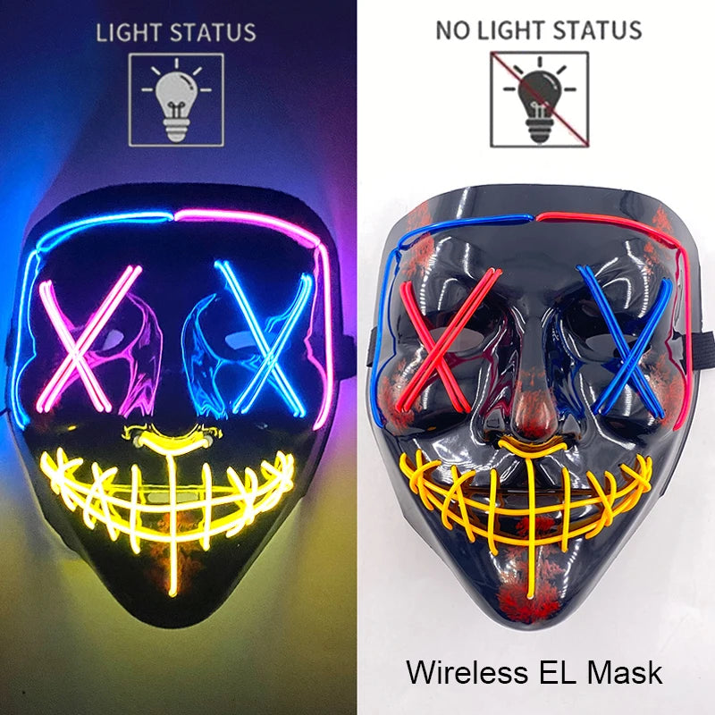 A glowing LED mask featuring multiple light modes, including a bright neon pink and blue design.