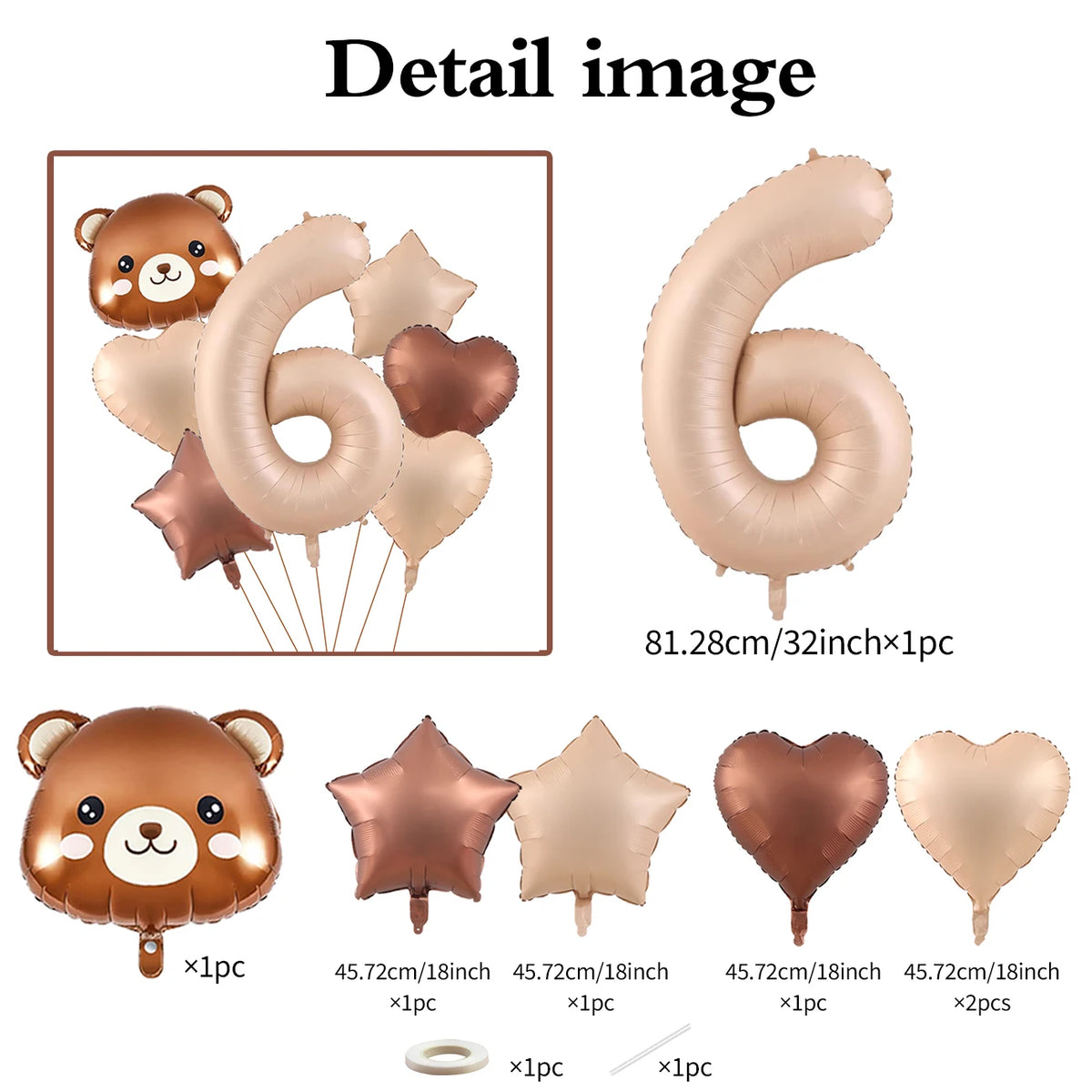 A set of foil balloons shaped like the number six and a bear, in shades of caramel and nude.