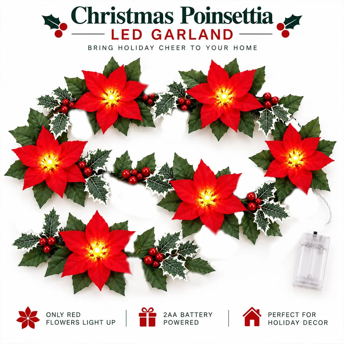 A red poinsettia LED garland with warm lights for holiday decor