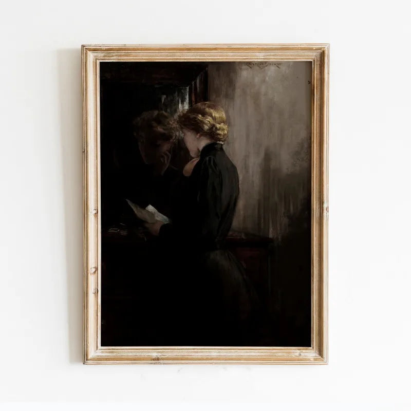 A dark, moody painting featuring two figures in silhouette against a dark background, framed in gold.