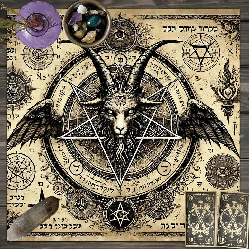 A vintage-style fabric featuring a detailed illustration of a ram's head with horns, wings, and surrounding occult symbols an