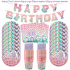 A set of mermaid-themed party tableware including plates, cups, napkins, straws, and a banner.