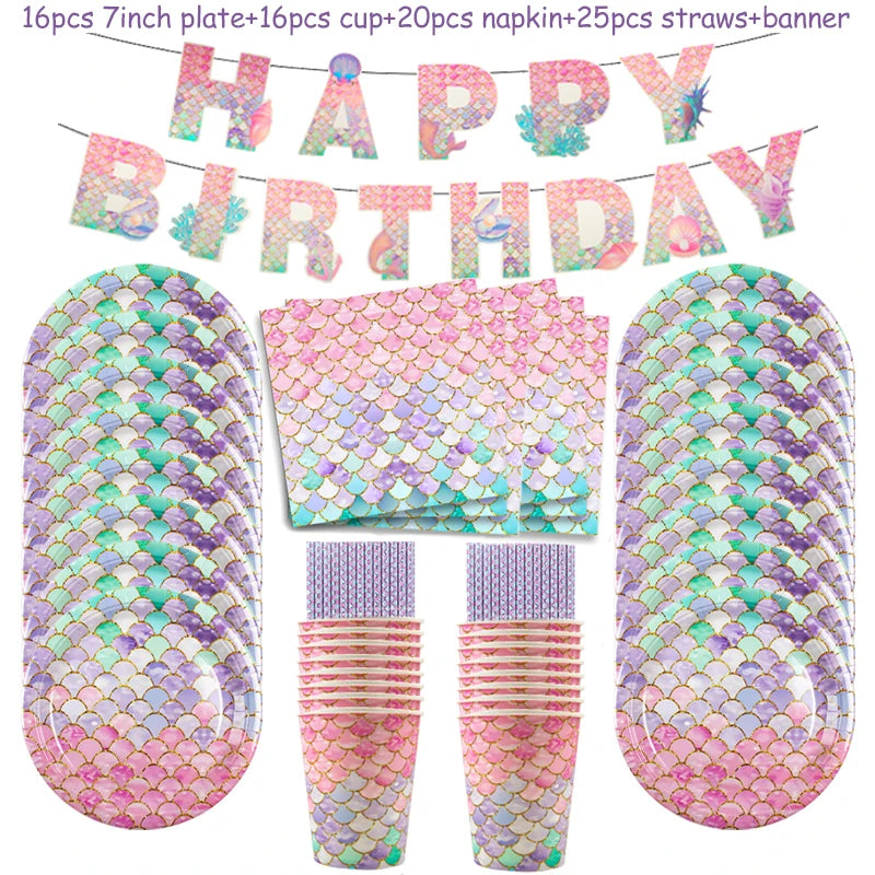 A set of mermaid-themed party tableware including plates, cups, napkins, straws, and a banner.