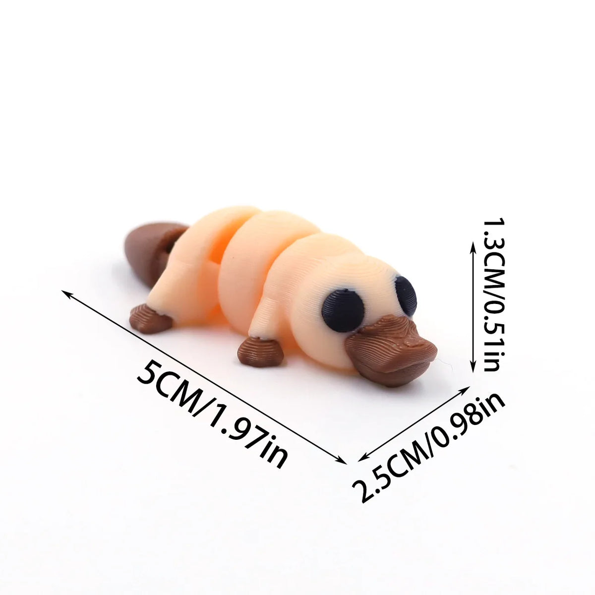 A set of three light orange and brown 3D printed cartoon animal figurines resembling chicks or baby birds.