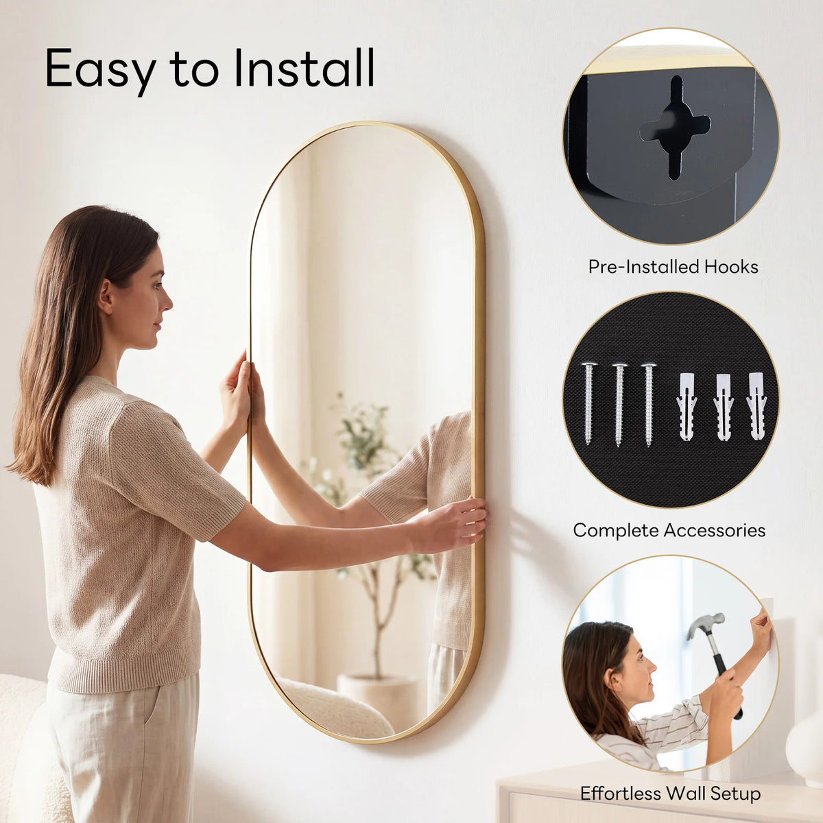 A woman is easily installing a pre-installed hook mirror on a wall, showing complete accessories and an effortless wall setup