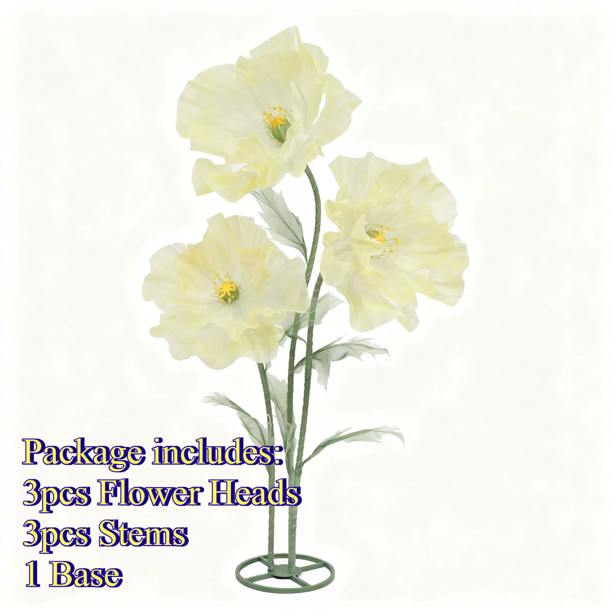 Three artificial silk flower heads, stems, and a base for a large poppy flower arrangement.