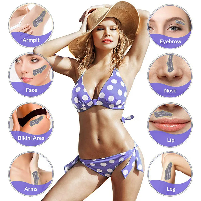Diagram showing various body parts where hard waxing beans can be used for hair removal.