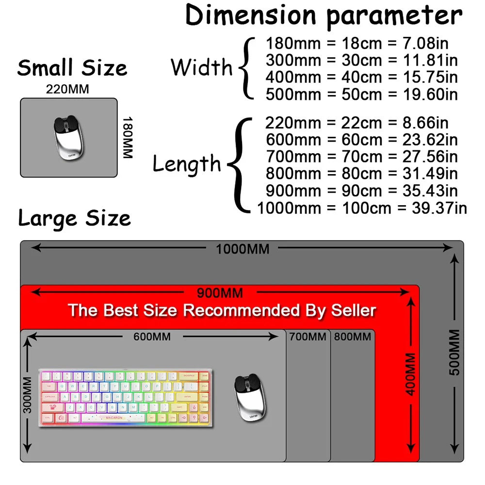 Diagram showing dimension parameters for a mouse pad, including small and large sizes.