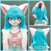 A blue furry cosplay head with large ears and expressive eyes shown from the front, side, and back views.