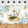A faith-themed backdrop featuring gold accents, greenery, blue roses, and a wooden cross for baptism or communion celebration