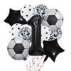 A set of black and white football shaped helium foil balloons for birthday party decorations