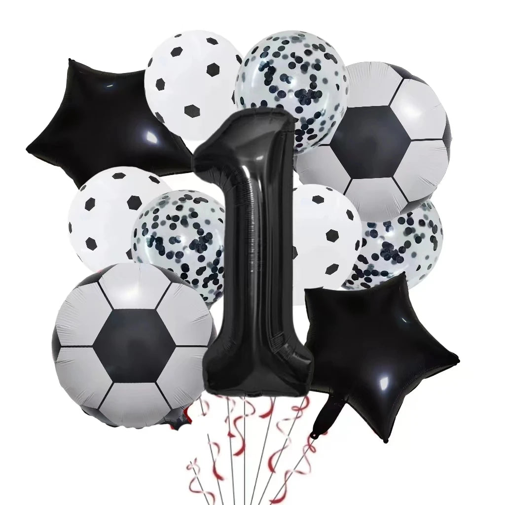 A set of black and white football shaped helium foil balloons for birthday party decorations